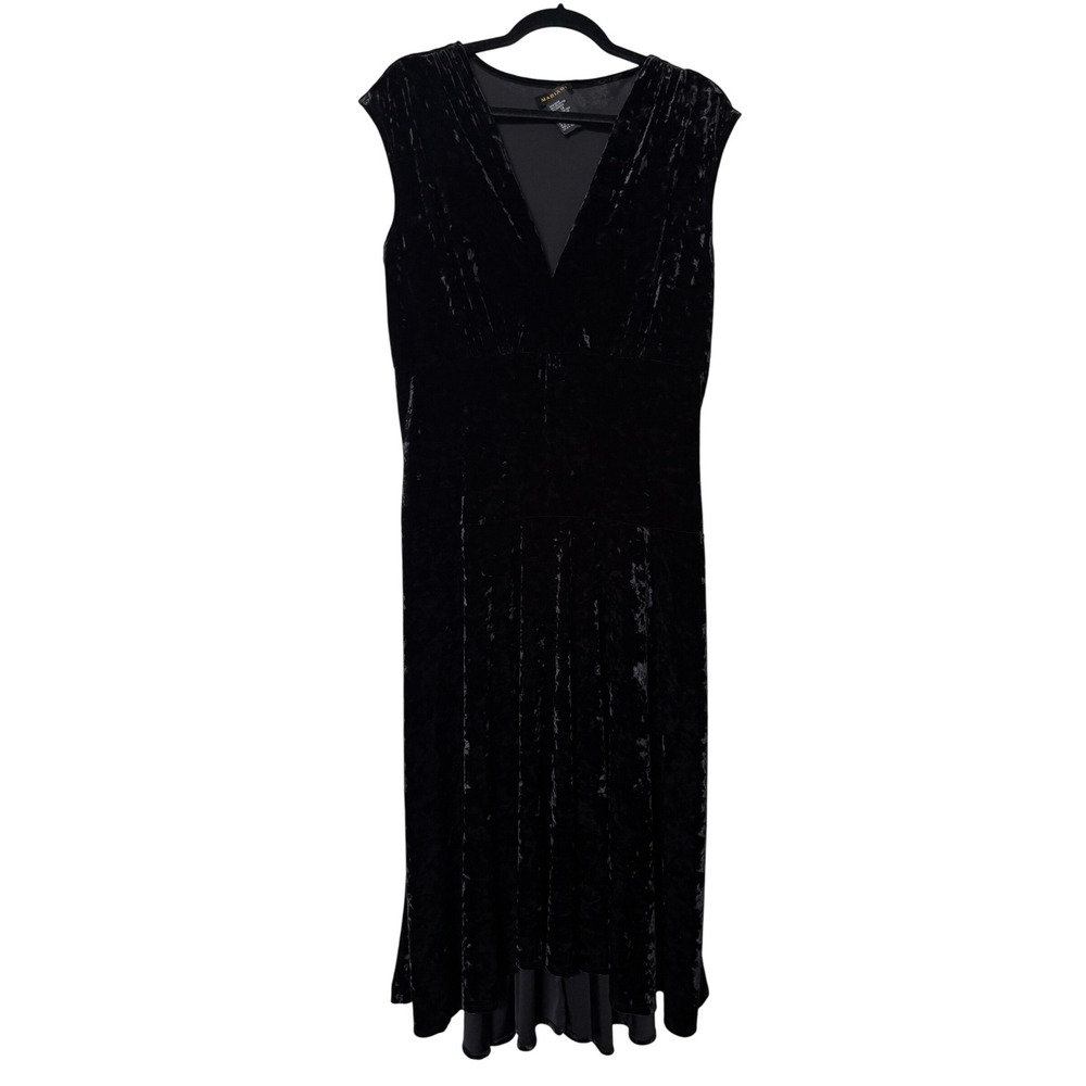 Y2K Mariage Womens Black‎ Crushed Velvet V-Neck Empire Waist Midi Dress Size 14